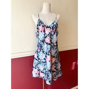Vintage 90s Kathryn Floral Chemise Nightgown Silky Slip Dress M Navy Pink Satin